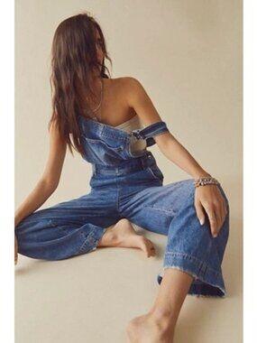 Free People Slouchy Denim Overalls Canyon Blue